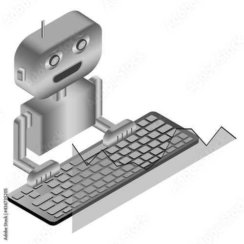 Simple isometric concept trading robot with keyboard and chart isolated on white. Automatic bot trading icon. Vector illustration.