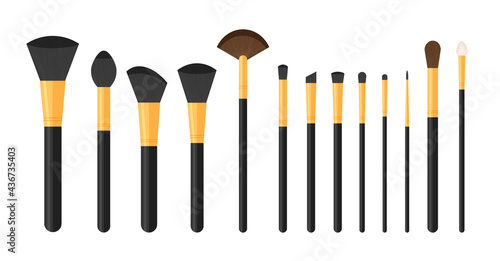 Set of black pure professional brushes for makeup. Make up artist kit. Angle, fan and flat brush. Vector illustration isolated on white background.