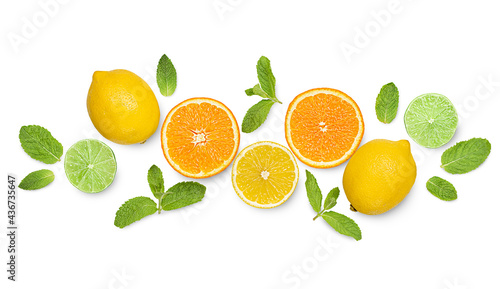 composition of lemon, orange, lime and mint on isolated background