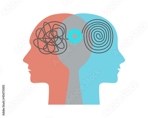 Two head silhouette with gear, tangle, spiral. Bipolar disorder mind mental concept. Mental health, psychology, balance in vector flat illustration. Icon for web design, card, banner, flyer