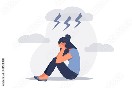 Depression, stress, unhappy woman sitting and crying under cloudy storm sky. Sad female, mental health issues concept. Depressed, unhappy girl in flat vector illustration.