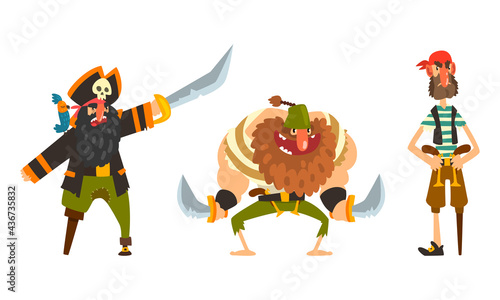 Funny Pirates Set, Captain and Sailor Characters Cartoon Vector Illustration