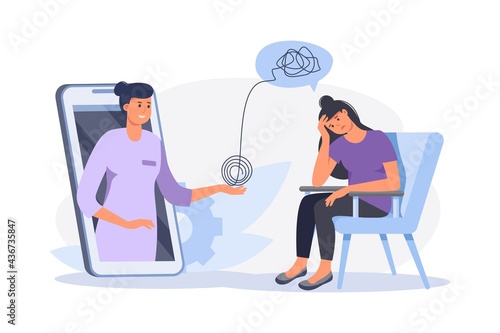 Depressed woman sitting  on chair. Psychologist doctor consulting patient in therapy session. Online psychotherapy counseling concept. Mental health, depression. Human mental problem solutions.