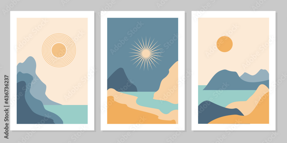 Set of aesthetic modern natural abstract landscape background with  mountain, forest, sea, sky, sun and river. Minimalist boho poster cover  template. Design for print, postcard, wallpaper, wall art. Stock Vector