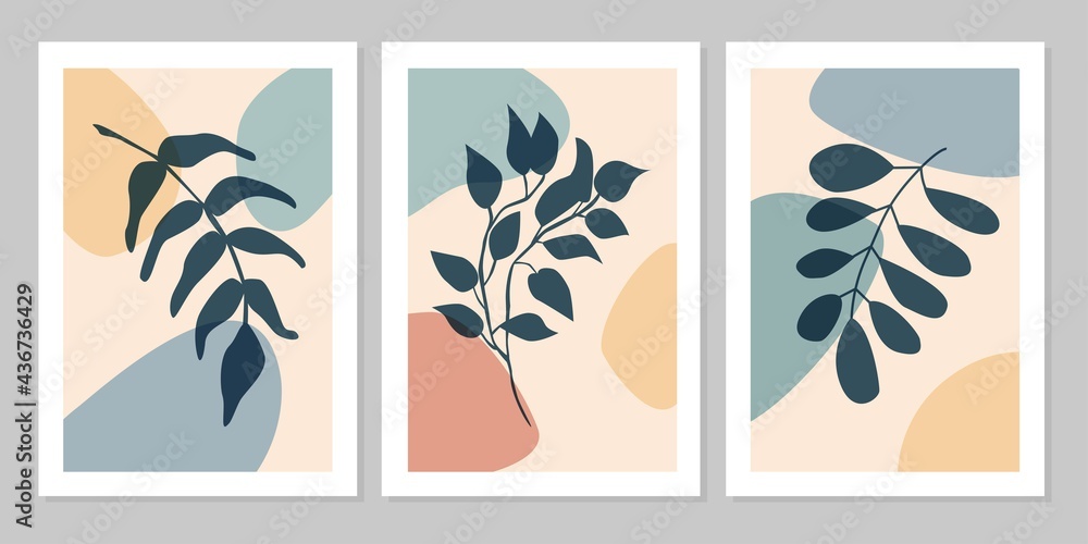 Hand drawn botanical wall art abstract set boho tropical leaf with color shape on beige background. Vector flat illustration. Floral  design for pattern, posters, invitation, greeting card