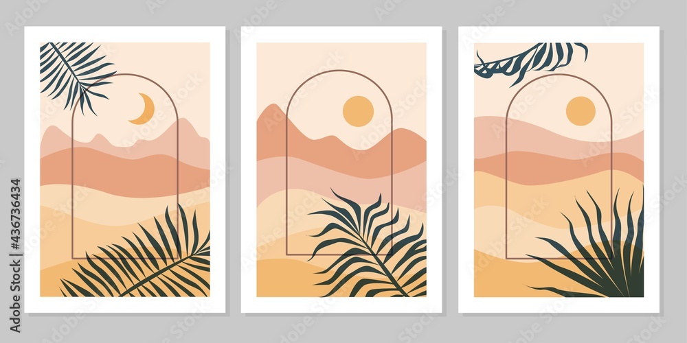 Set of aesthetic modern natural abstract landscape background with mountain, arch, leaf, sky, sun and moon. Minimalist boho poster cover template. Design for print, postcard, wallpaper, wall art, sale