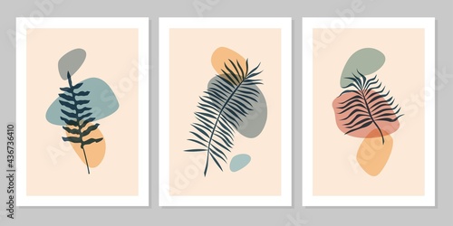 Hand drawn botanical wall art abstract set boho tropical leaf with color shape isolated on beige background. Vector flat illustration. Design for pattern, posters, invitation, greeting card