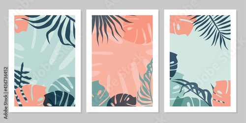 Set of background with abstract tropical leaves. Boho foliage exotic leaves. Perfect template for social media, poster, cover, invitation, brochure greeting card, summer sale banner