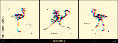 Polygon flamingo. Glitch geometric animal set. Low poly logo icon