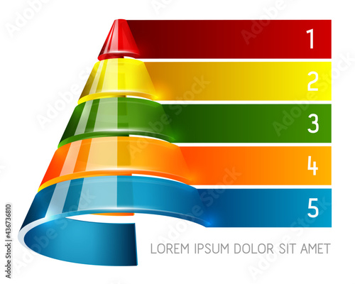 Glossy semitransparent sales pyramid for marketing infographic. Sales funnel glass vector element. Isolated on white background. Five steps infographic design