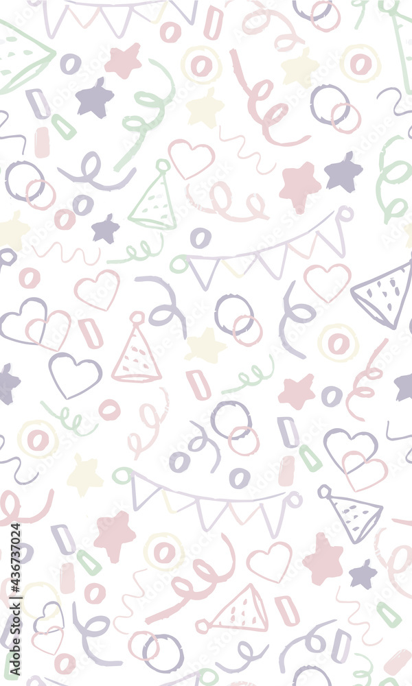 Birthday party hand-drawn elements icons seamless pattern for decor, birthday plates, birthday banner, party plates, party dinnerware, birthday tablecloth and fabric, party hats, cards, background
