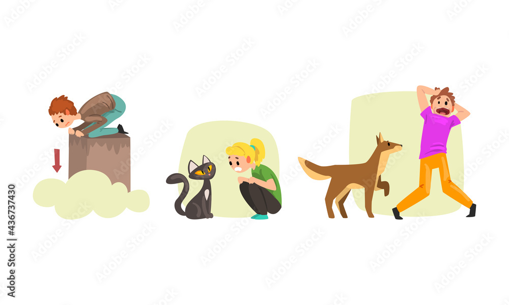 Set of People Suffering from Mental Disorder, Acrophobia, Ailurofobia, Kinophobia Cartoon Vector Illustration