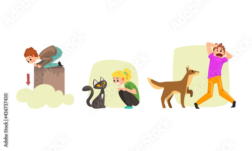Set of People Suffering from Mental Disorder, Acrophobia, Ailurofobia, Kinophobia Cartoon Vector Illustration