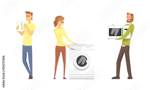 People Buying Various Household Appliances Set, Man and Woman Choosing Electric Kettle, Washing Machine, Microwave at Electronics Store Cartoon Vector Illustration