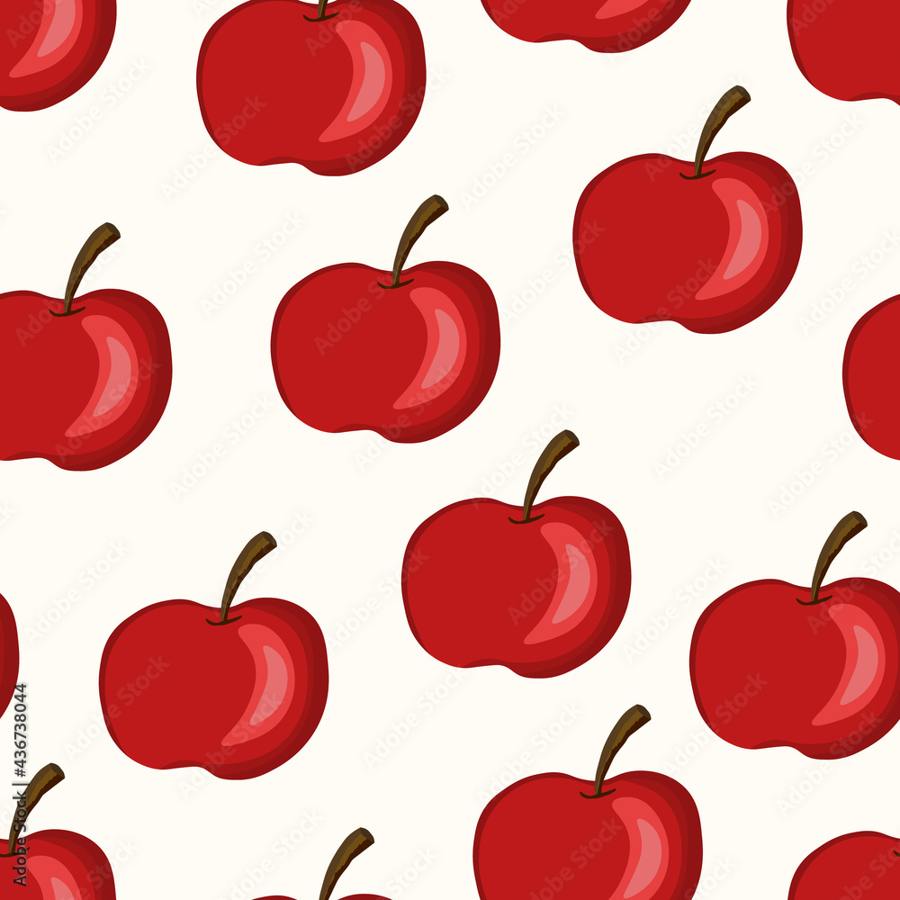 Seamless pattern with apple on white background. Natural delicious fresh tasty fruit. Vector illustration for print, fabric, textile, banner, other design. Stylized apples with leaves. Food concept Seamless pattern with apple on white background. Natural delicious fresh tasty fruit. Vector illustration for print, fabric, textile, banner, other design. Stylized apples with leaves. Food concept