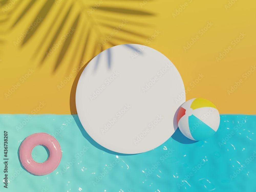 3d render top view of white blank cylinder frame for mock up and display products with summer beach scene and shadow of palm leaves. Summer time season background.