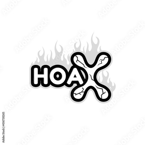 The word hoax vector in black and white with the concept of fire and cracks depicting lies