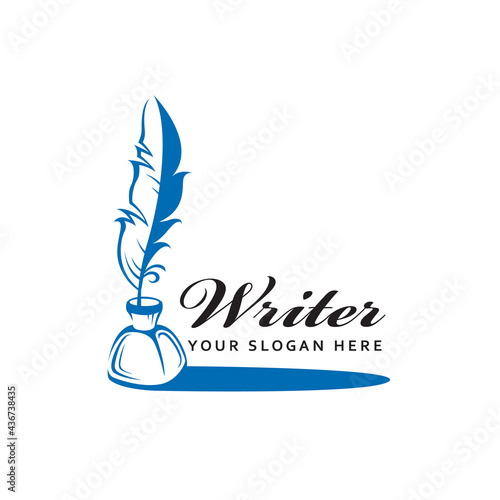 writer icon with feather pen and inkwell isolated on white background