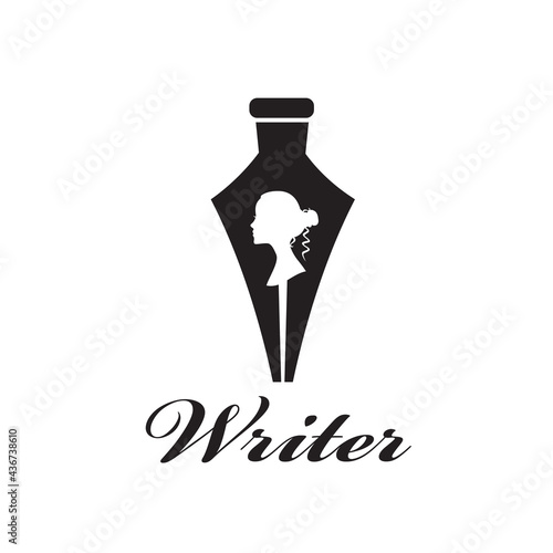 woman writer icon with feather pen isolated on white background