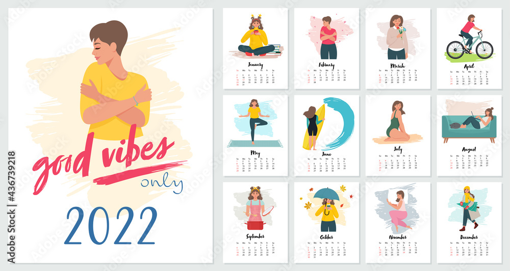 Vertical Calendar for Year 2022, Planner, Organizer. Wall calendar with cute woman vector illustration in Flat style. Love yourself, positive concept for all year Vertical Calendar for Year 2022, Planner, Organizer. Wall calendar with cute woman vector illustration in Flat style. Love yourself, positive concept for all year