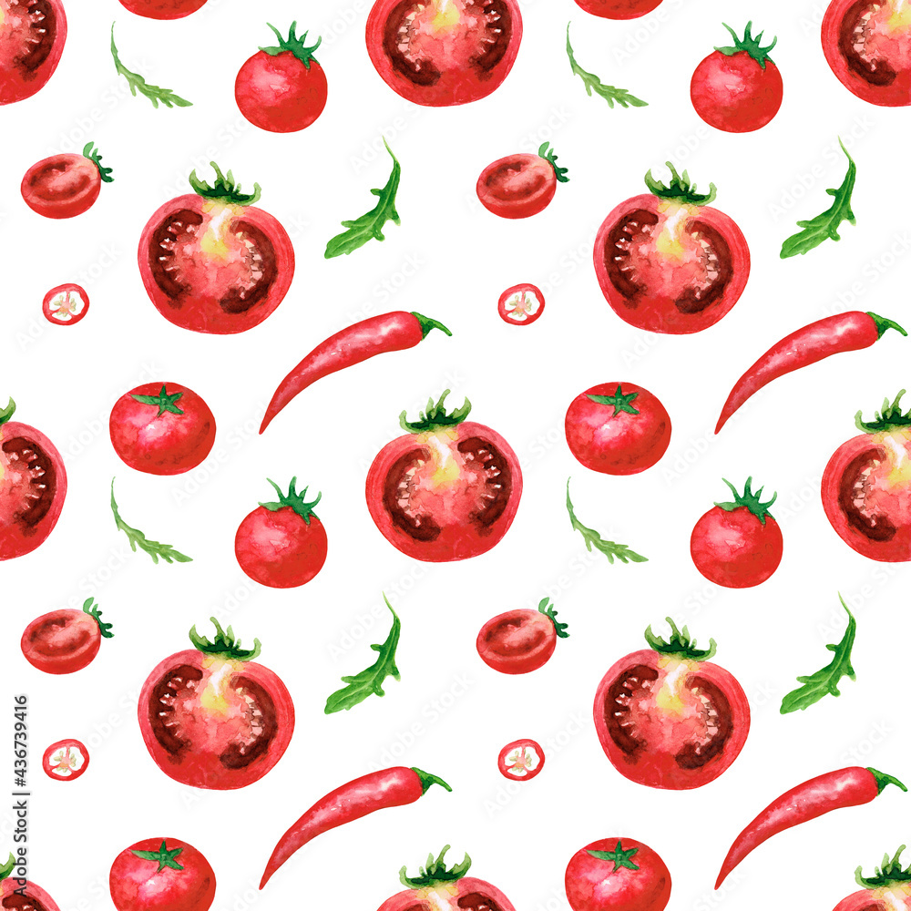 Pattern tomatoes and hot peppers. The image is hand-drawn and isolated on a white background. Watercolour painting. Pattern tomatoes and hot peppers. The image is hand-drawn and isolated on a white background. Watercolour painting.
