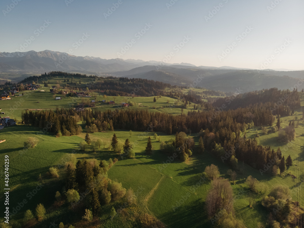 Drone view on sunset mountains Tatry, Poland