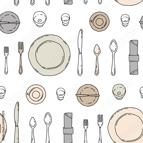 Seamless pattern with dishes, plates, spoons and forks on a white background. Cutlery in hand drawn style.