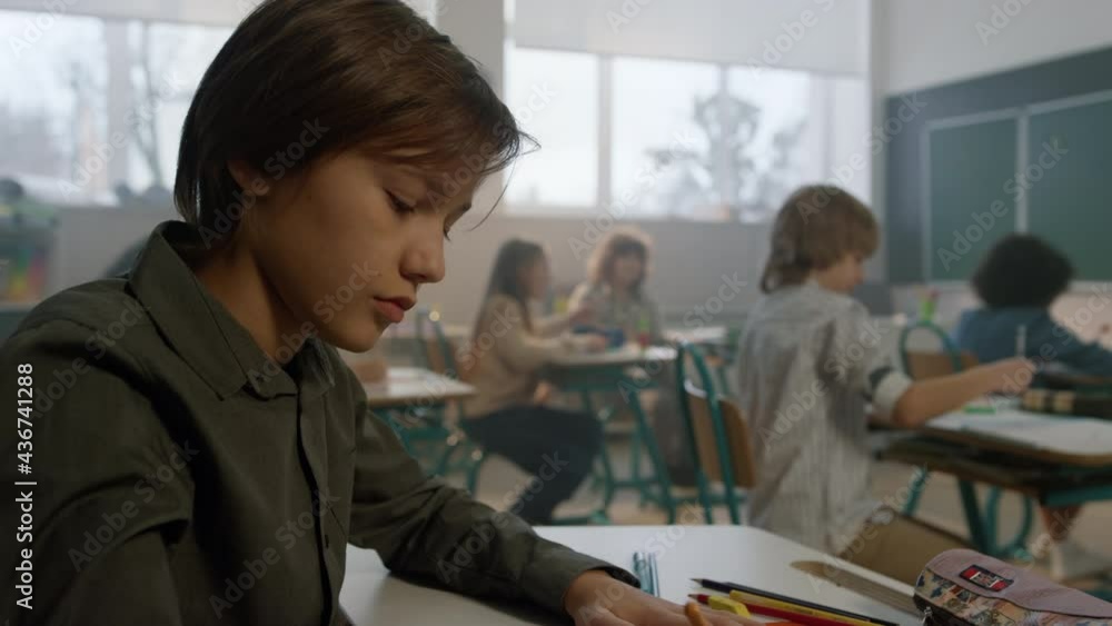 Boy learning in classroom. Smart student looking at blackboard during lesson Boy learning in classroom. Smart student looking at blackboard during lesson