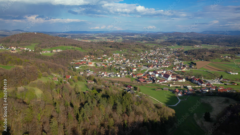 AERIAL: Flying towards the quiet rural town of Sticna and its famous monastery. AERIAL: Flying towards the quiet rural town of Sticna and its famous monastery.