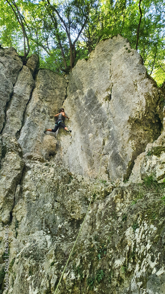 VERTICAL: Adrenaline seeking young woman climbs a cliff in a sunny forest.
