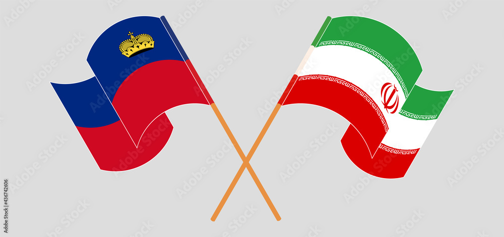 Crossed and waving flags of Liechtenstein and Iran Crossed and waving flags of Liechtenstein and Iran