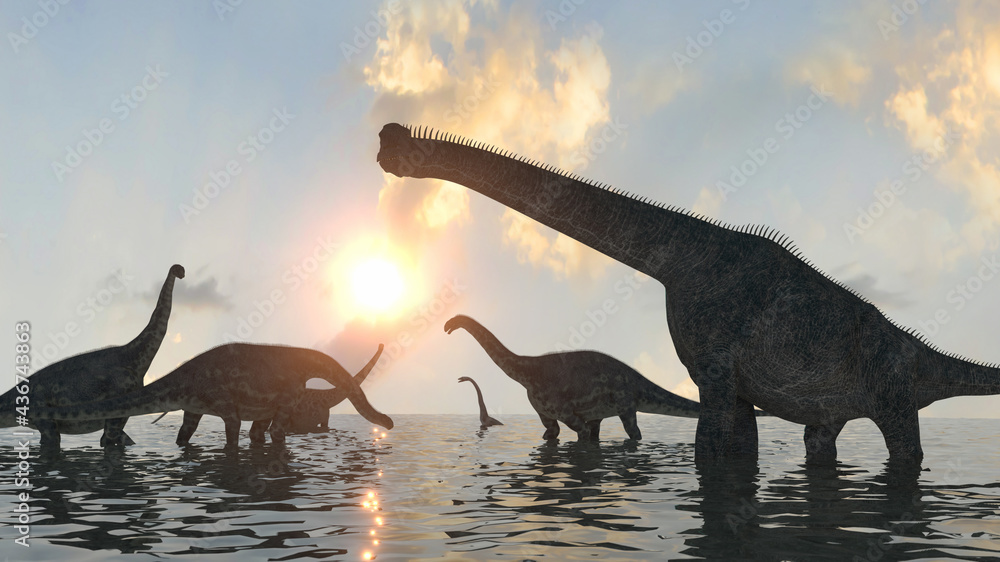 Fototapeta premium dinosaurs at sunset render 3d
