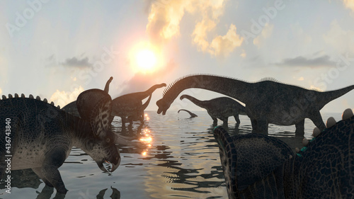 Canvas Print dinosaurs at sunset render 3d
