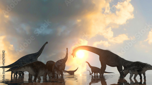 dinosaurs at sunset render 3d