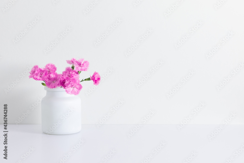 Pink flowers of carnation in vase on white table.