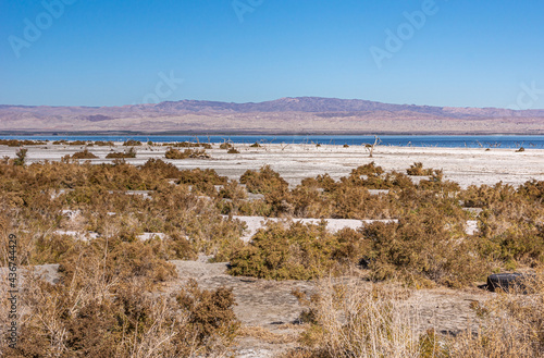 USA, CA, Salton Sea - December 28, 2012: NW shoreline of salty sand near Graner Wash with brown shrubs. Blue water and dry brown mountains on horizon under blue sky.
