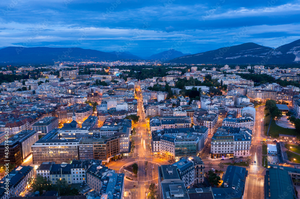 Aerial  night view of Geneva city in Switzerland