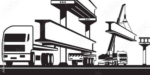 Heavy duty truck delivers concrete beam to construction site – vector illustration