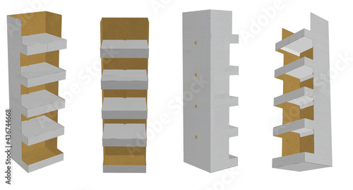 3D rendering - High resolution image pos floor display  box template isolated on white background, high quality details of cardboard