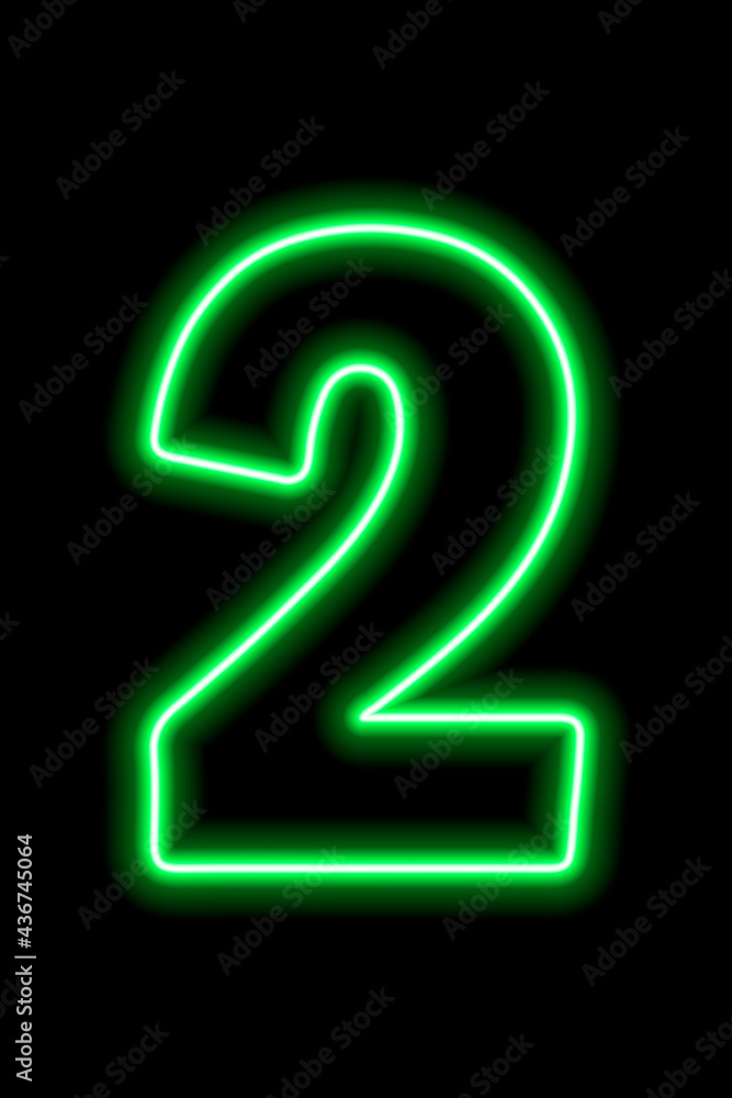 Neon green number 2 on black background. Serial number, price, place Neon green number 2 on black background. Serial number, price, place