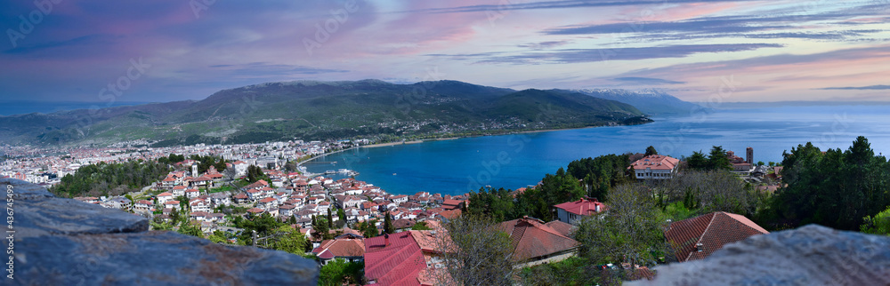 Panoramic View Of  Ohrid lake and Samuel's Fortress in Ohrid, North Macedonia