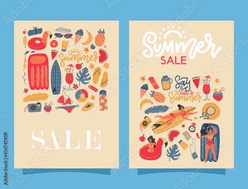 Set of two retro summer beach banners with lettering text - Summer sale and many bexh vacation elements. Vector flat hand drawn Illustration