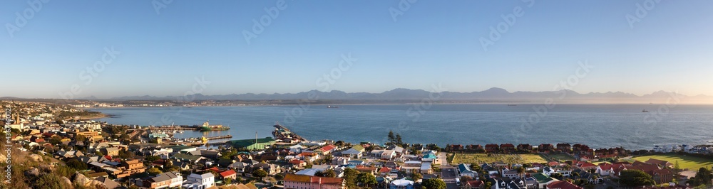 Town of Mossel Bay, South Africa.  Large panoramic view of ocean, town, and mountains