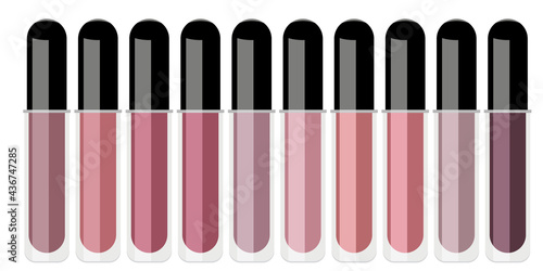 Illustration of a set of different lipsticks in a transparent tube and black cap
