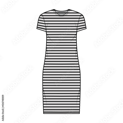 Dress sailor technical fashion illustration with stripes, short sleeves, oversized body, knee length pencil skirt. Flat apparel front, grey color style. Women, men unisex CAD mockup