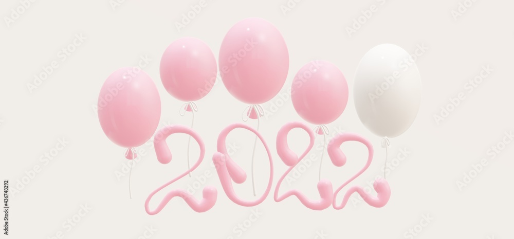 Happy New Year 2022. Realistic 3d pink balloons. Background design pink numbers date 2022 and helium ballon on ribbon