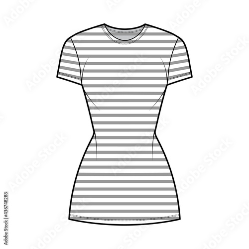 Dress sailor technical fashion illustration with stripes, short sleeves, fitted body, mini length pencil skirt. Flat apparel front, white color style. Women, men unisex CAD mockup