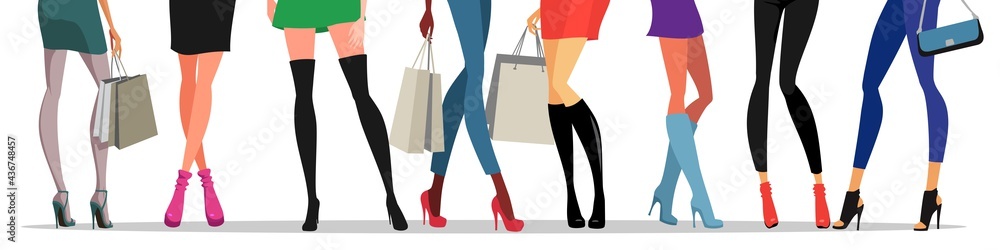 Vector image of silhouettes of modern female legs in beautiful and stylish shoes.