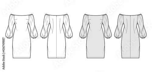 Dress off-the-shoulder Bardot technical fashion illustration with long puff sleeves, knee length pencil skirt. Flat evening apparel front, back, white, grey color style. Women, men unisex CAD mockup