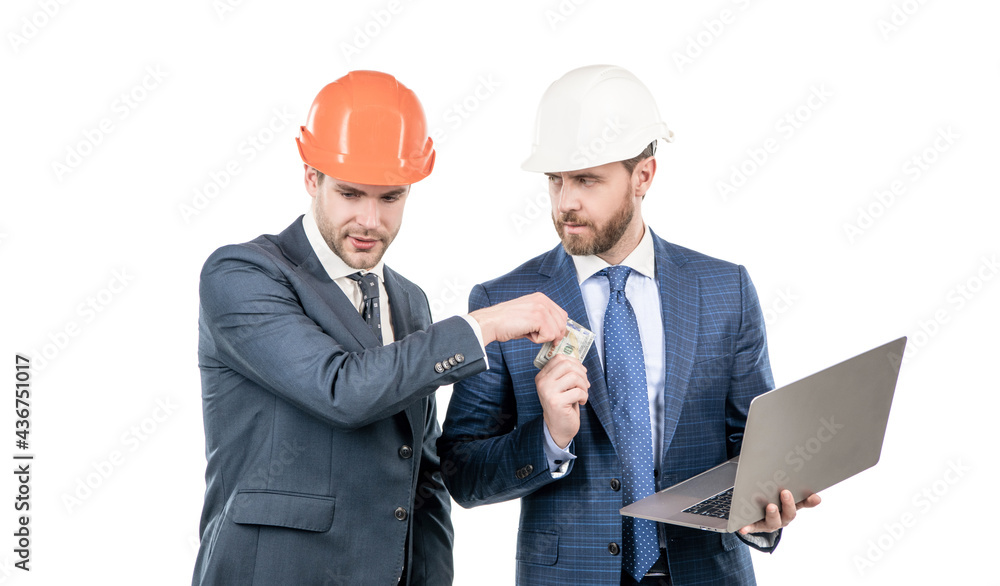 financial support. investment in architectural project. men businessmen with money and laptop. financial support. investment in architectural project. men businessmen with money and laptop.
